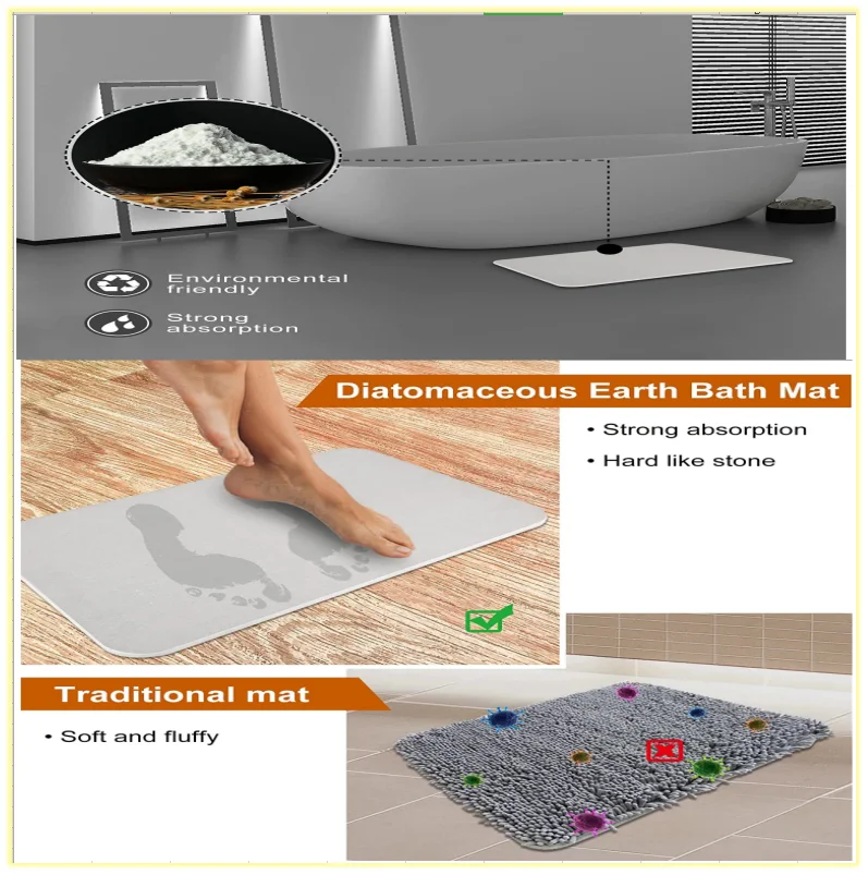Natural Nonslip Bathroom Diatomaceous Earth Bath Mat Fast Drying Stone ...