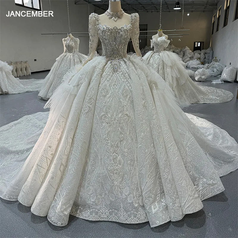 New Crystal Long Cathedral Train Wedding Dresses Gowns Luxury Long Sleeves  Bridal Dress Wedding Gown Mn257