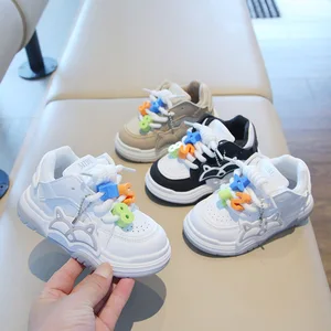 2026 Spring Fall New Style Boys' Girls' Casual Sports Sneakers White Cartoon Baby Shoes Lace-up Soft White Soled for Autumn