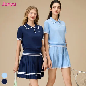 Janya New Pickleball Wear Badminton Clothes Knit Short Sleeve Polo Collar Shirt Tennis Mini Pleated Skirts 2 Piece Set for Women