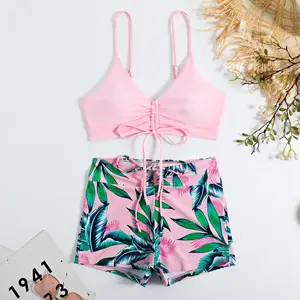 Two-Piece Bikini Set for Women Ruched Drawstring Top and High Waist Print Bottom Sexy Swimwear for Beach