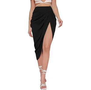 Women's Split Thigh Front Satin Design Oem Customizable High Waist Ruched Zip Back Bodycon Midi Skirt