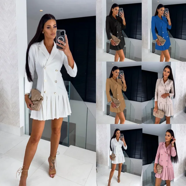 1124 pleat coat suit button dress casual dresses women lady elegant modest women's  white short clothing dresses natal knit