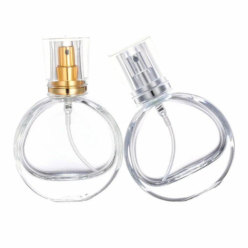 STOCK Elegant 25ml Oval Shape Clear Glass Perfume Bottle Refillable Pump Atomizer Bottle with Sprayer and Clear Caps
