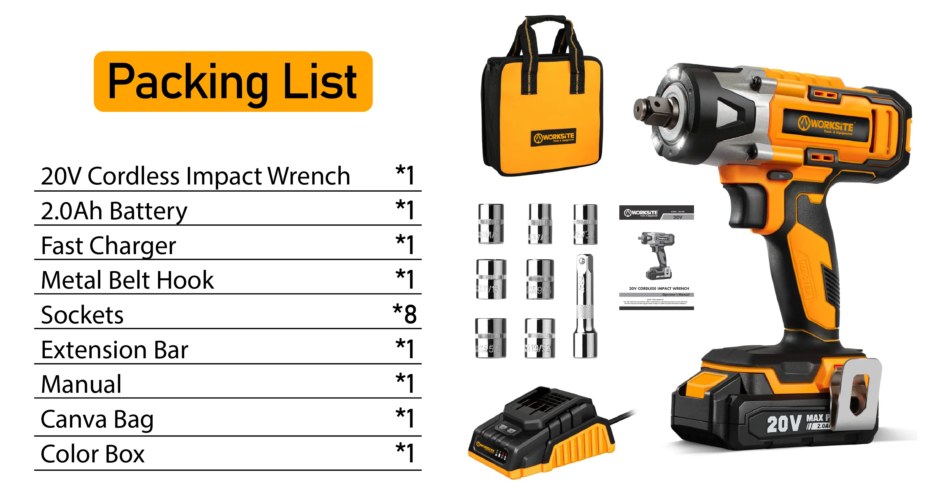 WORKSITE Brushless Impact Wrench Heavy Duty 3 Speed 20V Battery