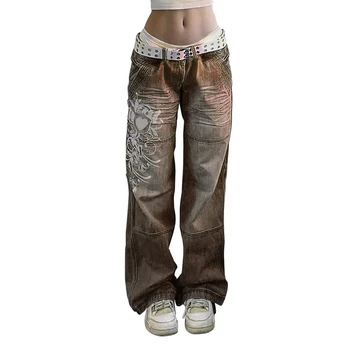 custom streetwear jeans designer style Printing pattern baggy vintage denim pants for hottie girl