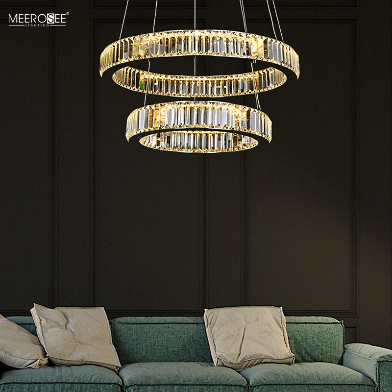 MEEROSEE Crystal Ring Light LED Crystal Circle Pendant Light Stainless steel Round Hanging Light MD86859