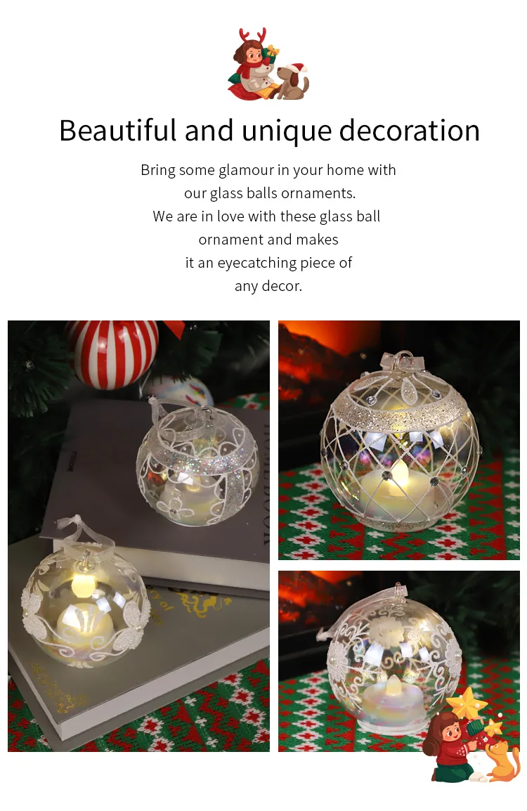 Custom 8cm Christmas Tree Glass Hanging Ball Safety Electrical Candle Lighted Up New Year Home Decorative Luxurious Pendant details