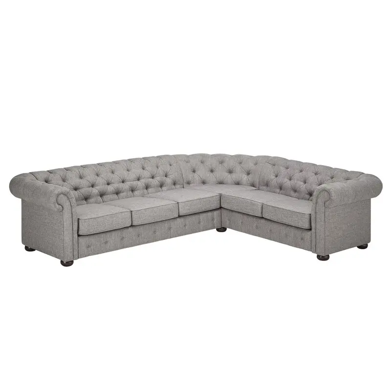 L Shape Sectional Curved Linen Tufted Settee Wood Chesterfield Sofa for Living Room Lounge Room