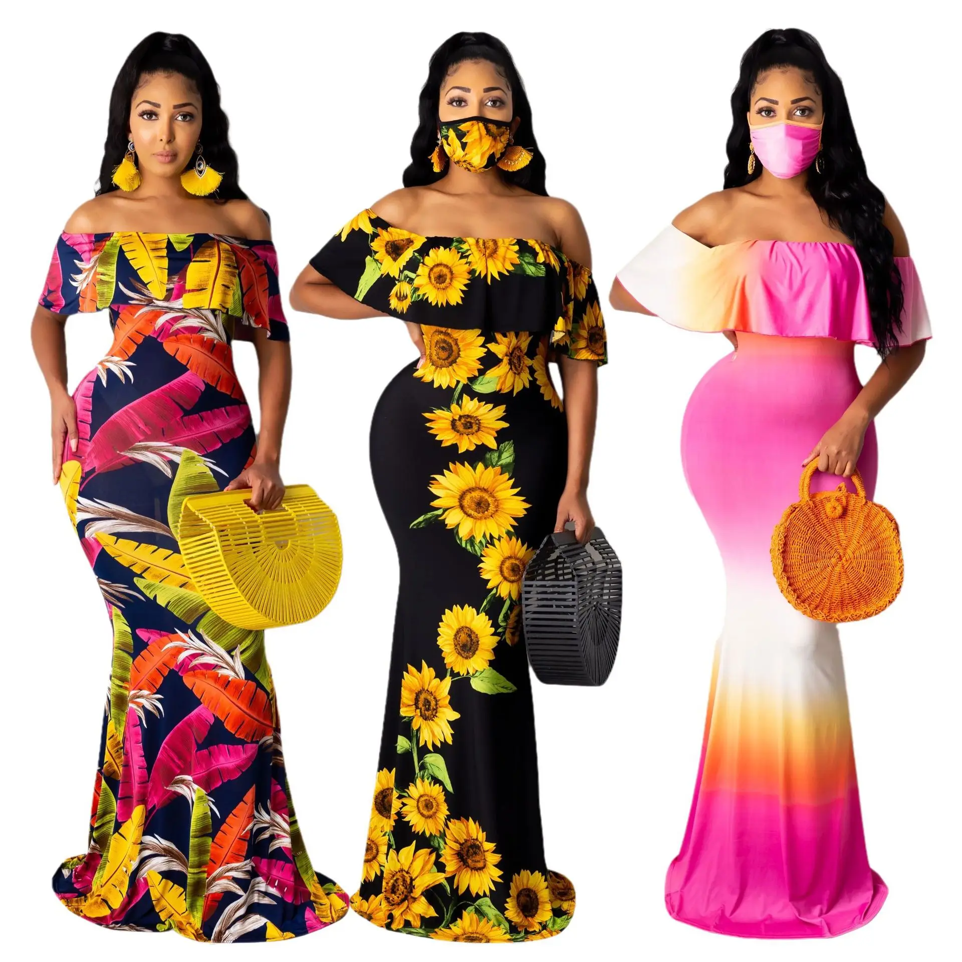 Ynd951127-vestido Largo De Girasoles Para Mujer,Ropa Bohemia Con Estampado  Floral De Un Solo Cuello,Colorida E Informal,Novedad De Verano De 2021 -  Buy Floral Casual Vestidos,Girasol Vestidos Maxi,Boho Casual Vestidos De  Las Mujeres