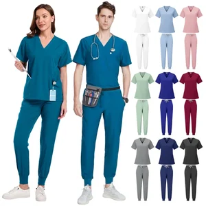 Fashion Elastic Wrinkle Resistant Breathable Scrub Suit Set with Cargo Pants for Women Men Doctor Nurse Uniform