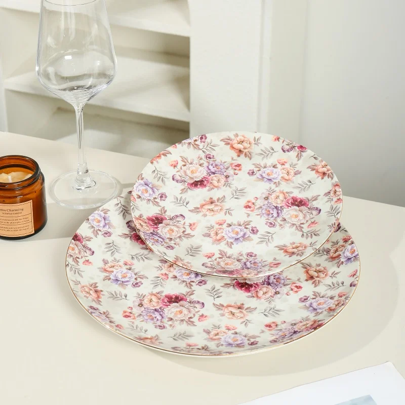 product wholesale floral ceramic bone china ceramic cake plate stand soup plate round plate tableware set-3