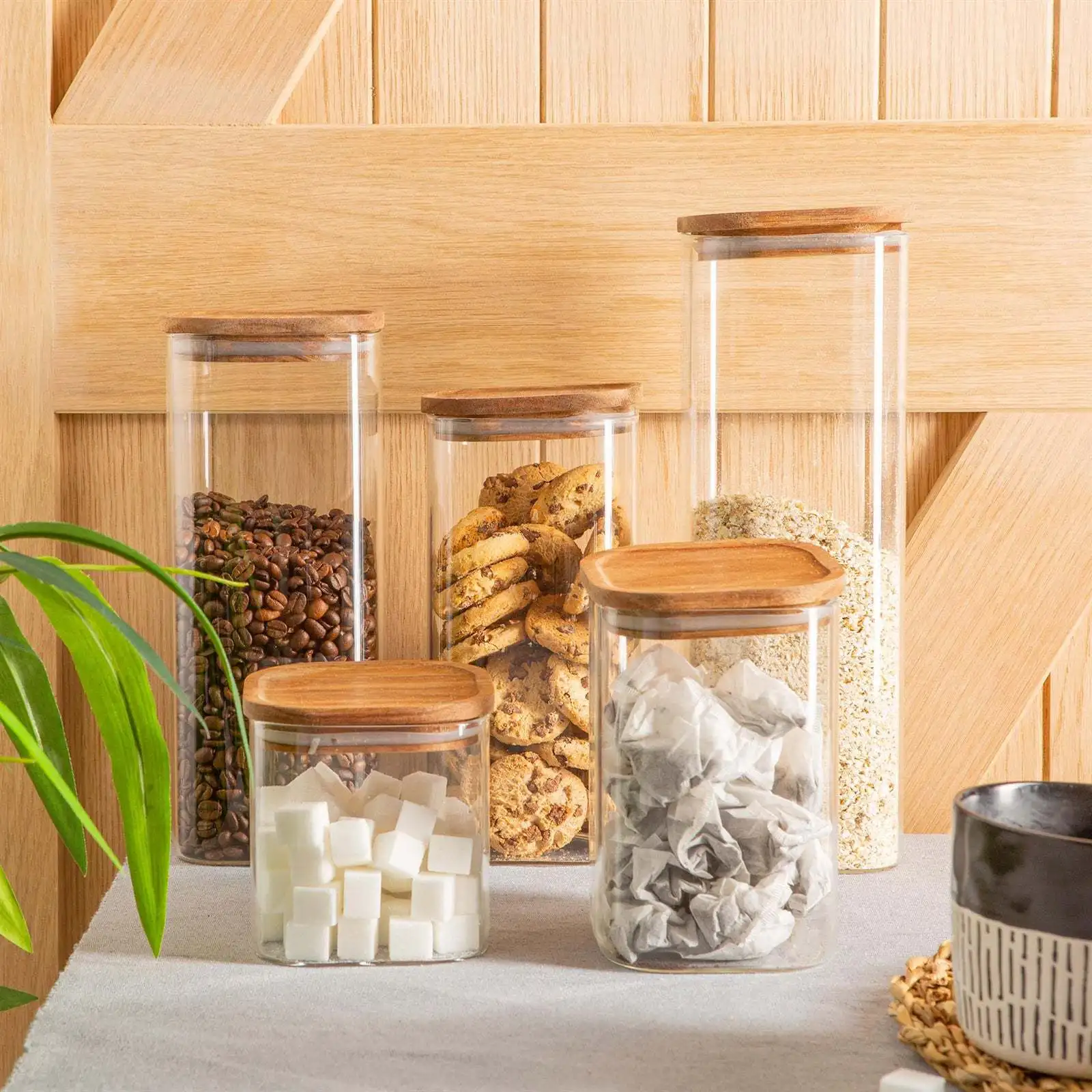 Transparent Square Acacia Wood Lid Glass Jars for Food Storage
