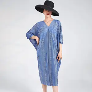 Miyake Pleated Design Fashion V-Neck Bat Sleeve European and American Elegant Plus Size Casual  Woman's Dress