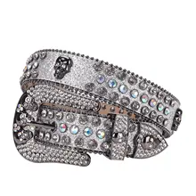 Custom Bling Bling Studded Diamond Belt Men Western Cowboy Belts Pink Shiny Crystal Punk Style Rhinestone Skull Belts