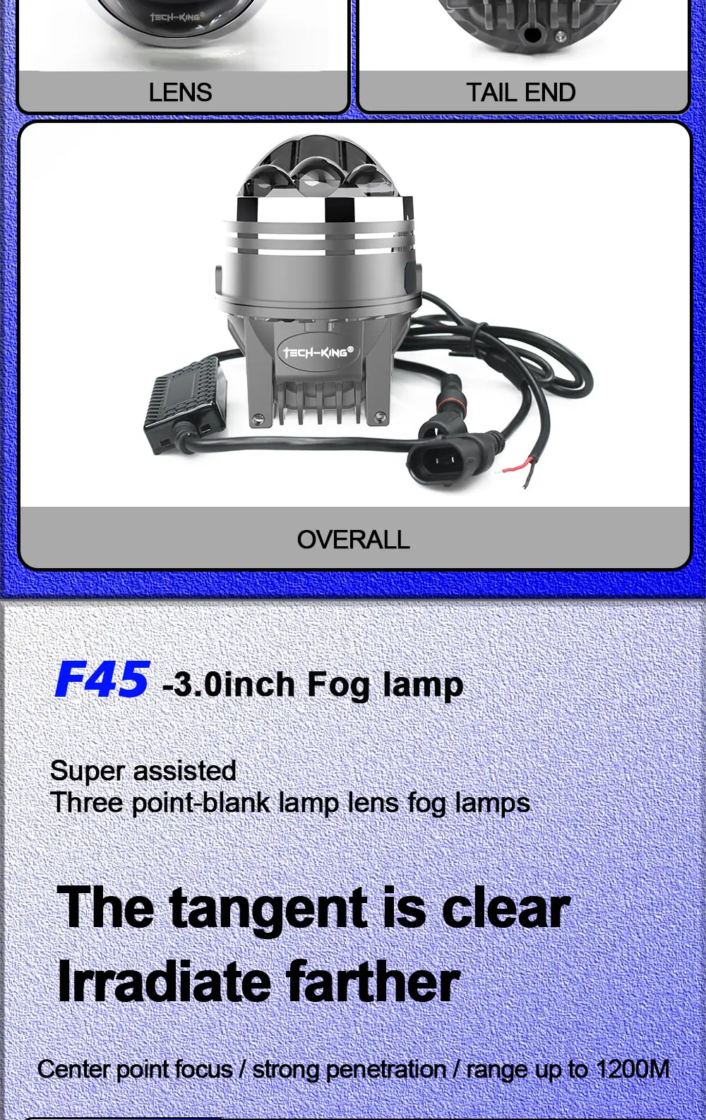 TECH-KING 75W Bi LED laser fog lights Tri-colors high power for car with 3 laser 3 inch Bi ed projector Lens Led Fog Bulbs
