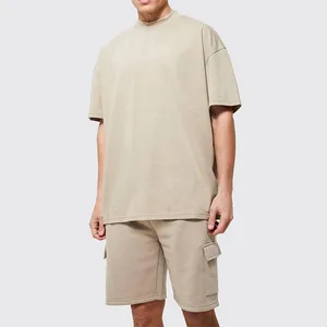 Plus Size Men's Elastic Waist Set - 100% Cotton T-Shirt & Cargo Shorts, Wholesale with Custom Logo