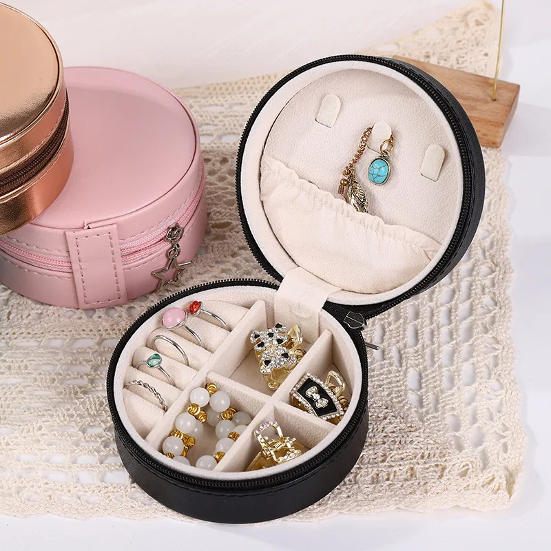 New round zipper jewelry box cross-border pu necklace earrings ring multifunctional storage box portable jewelry box manufacture