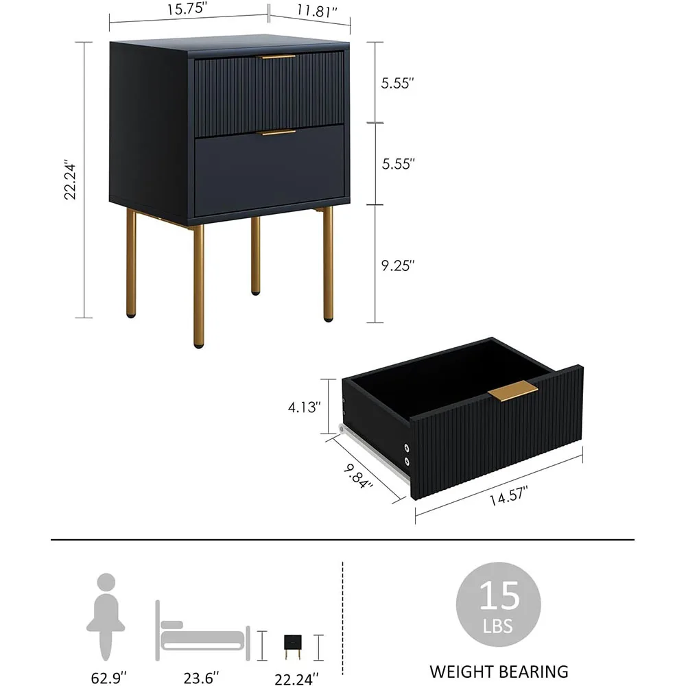 Modern Nightstand with Gold Frame 2 Drawers Small Bedside Table for Bedroom Living Room Dining Wooden Side Table for Home Use supplier