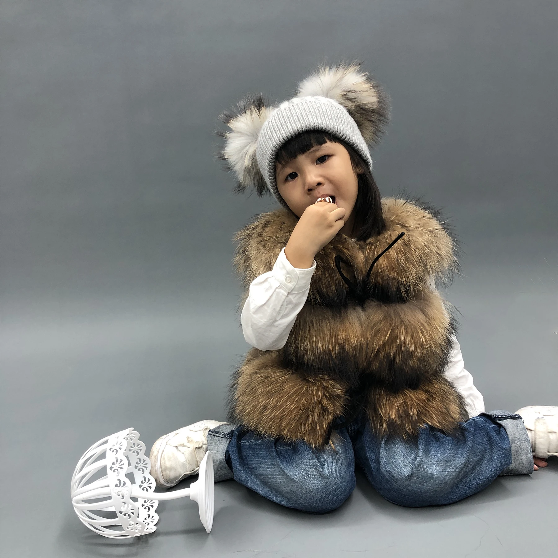 Janefur Hochwertige Winter mode Mädchen Reihen Waschbär Pelz