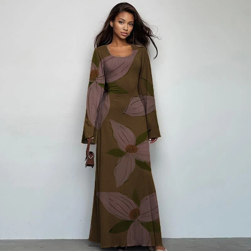 Casual Loose U Neck Back Tie Long Sleeve Solid Color Dresses