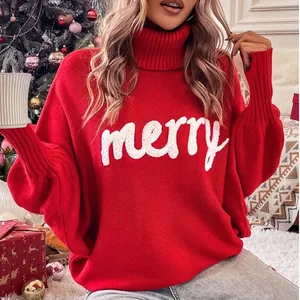 Women's High-Neck Pullover Knitted Woolen Sweater Winter Christmas Merry Letter Embroidered Wholesale