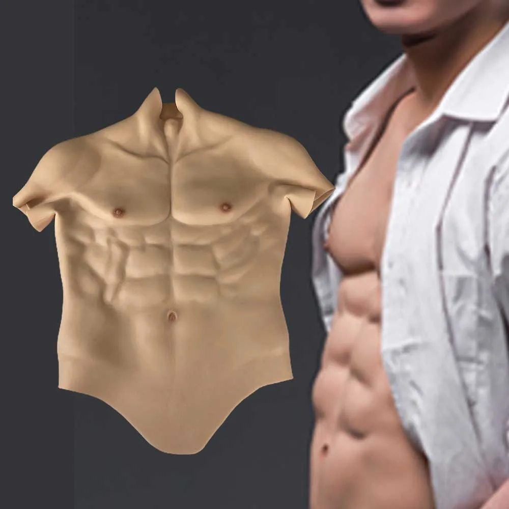 Men Fake Muscle Suit, Realistics Silicone Bodysuit for Cosplay  Crossdressers,Tan