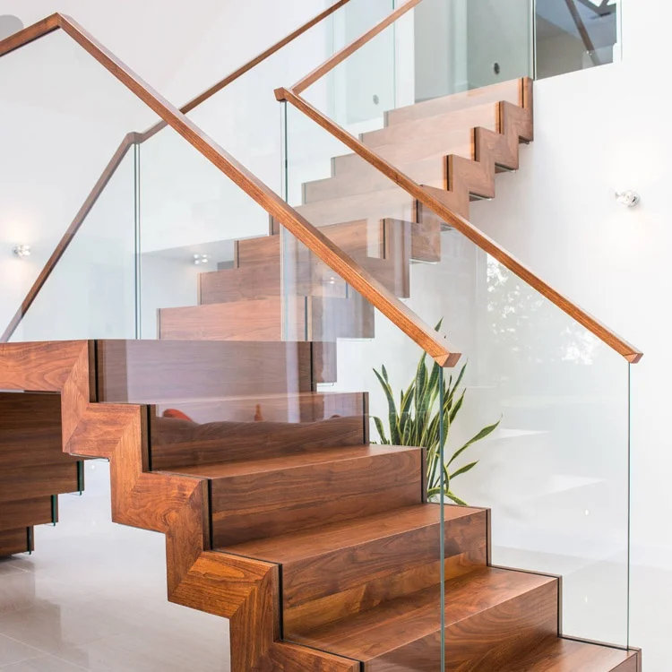 High Quality Zigzag Staircase with Tempered Glass Railing Design Indoor Stainless Double Stringers Stair