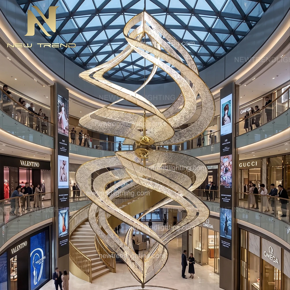 cpl-488Modern Fluid Spiral Ribbon Chandelier – Custom Oversized LED Sculpture Light for Hotel Atrium & Lobby