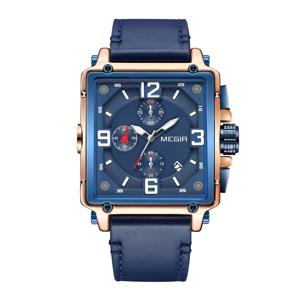 Montre Homme Megir 2061 Blue Leather Chronograph Quartz Watches Men Wrist Luxury Square Watch Buy Square Watch Watches Men Wrist Quartz Watches Product on Alibaba