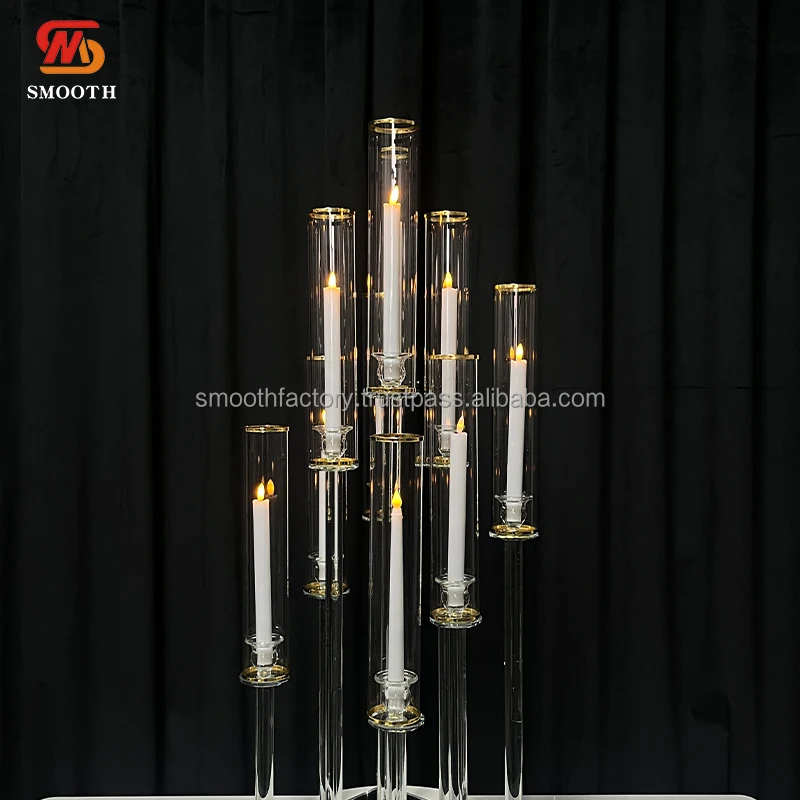 SMOOTH Gold Rim 10 Arms Design Candelabra High Quality Glass Wedding Banquet Restaurant Table Decor