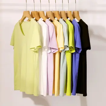 Acetate silk T-shirt female V-neck with solid color base shirt short-sleeved female mercerized cotton blouse female T-s