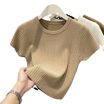 Summer solid color round neck T-shirt short sleeve tee female slim short sweater top for ladies