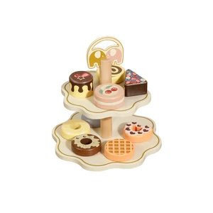Wooden Afternoon Tea Play Set for Kids Double Layer Dessert Rack Pretend Play Toy with Cakes for Home Role Playing Toy
