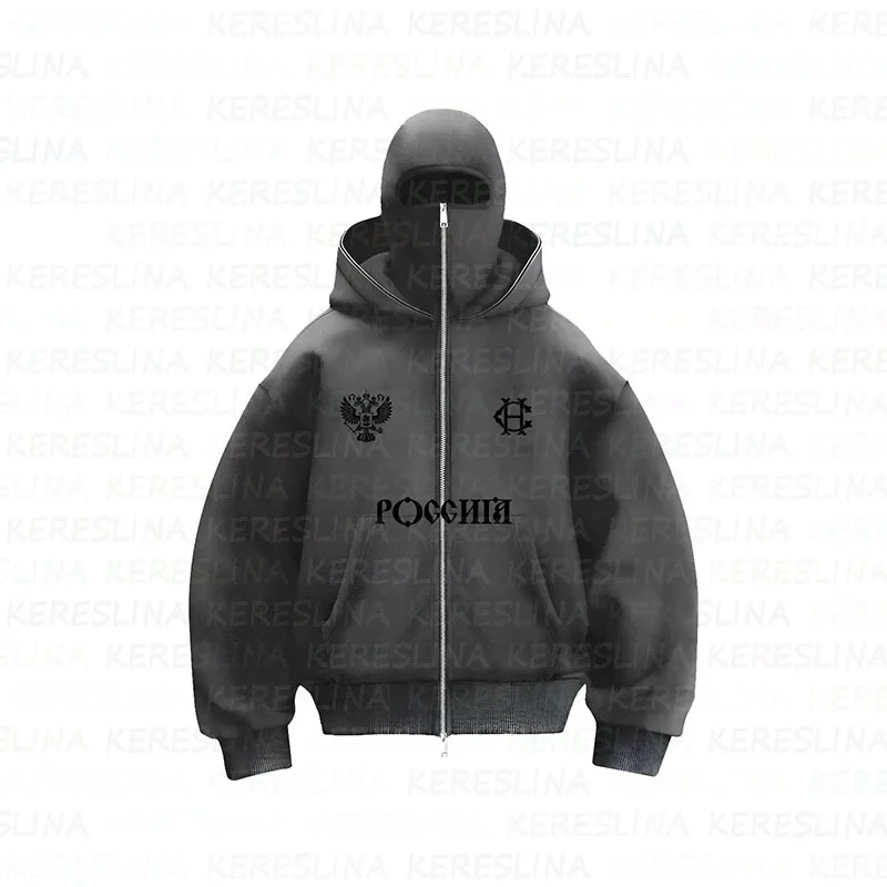 Russia Mask Zip Hoodie Balaclava Hoodie Men's Oversized 360g Hoodie Autumns Solid Color Boxy Pullover Sweatshirt