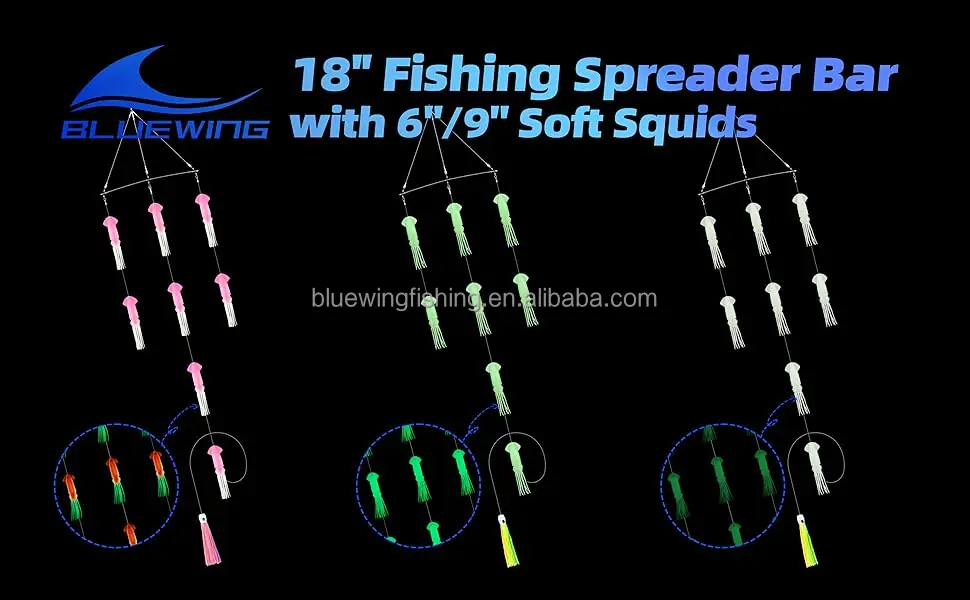 Bluewing 18" Fishing Spreader Bar With 6"/9" Soft Squid Trolling Lure