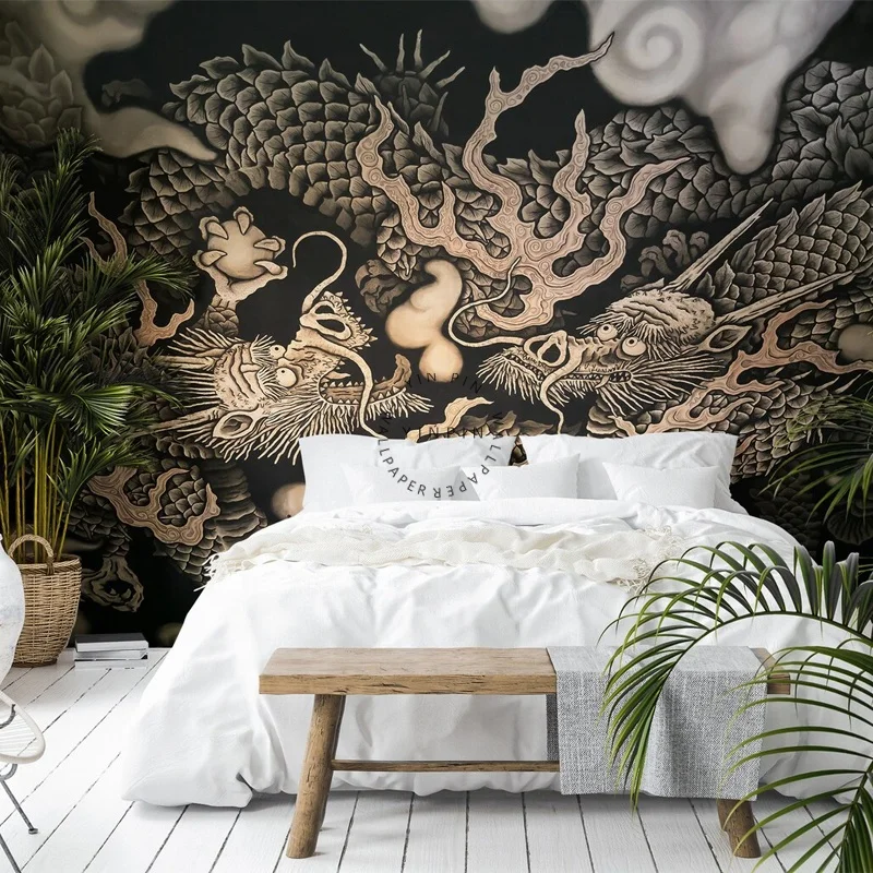 Double Dragon Mural at Inukuni Temple in Kyoto Fabric Living Room Wallpaper
