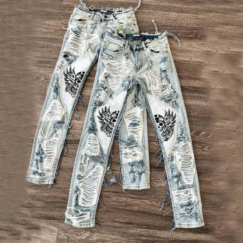 DiZNEW Street Fashion Menswear Designer Jeans With Zipper and Lace Ribbon Tear Cotton Jeans for Men Men Clothes Summer