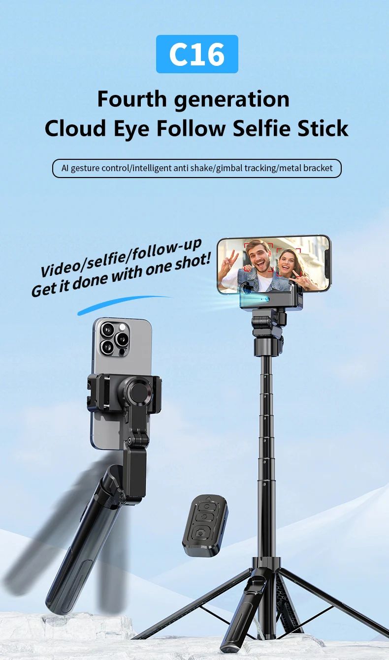 C16 Intelligent Selfie Stick Expandable Phone Holder Detachable Wireless Remote Control Stabilizer for Facial Recognition