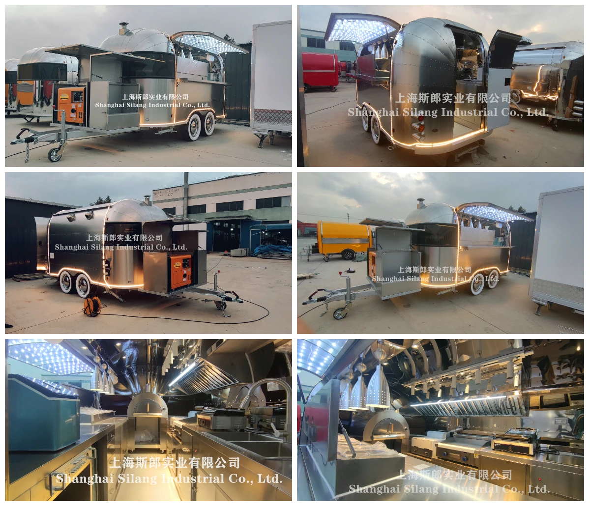 Airstream mobile camper kitchen pizza trailer with various cooking equipments salad refrigeration churro coffee food cart details