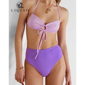2026 Women's Pastel Purple Halter Bikini Set with Knot Detail High-Waist Swimwear Spandex/Polyester Quick Dry