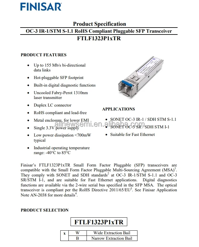 Hot sale Original FTLF1323P1BTR TXRX OPT X2 155 MB/S 1310NM Transceiver Module Ethernet 155Mbps 1310nm 3.5V LC Duplex Pluggable