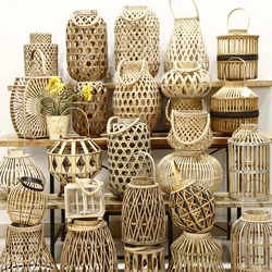 Rustic Style Handmade Bamboo Lantern Retro Portable Rattan Lantern for Home decoration