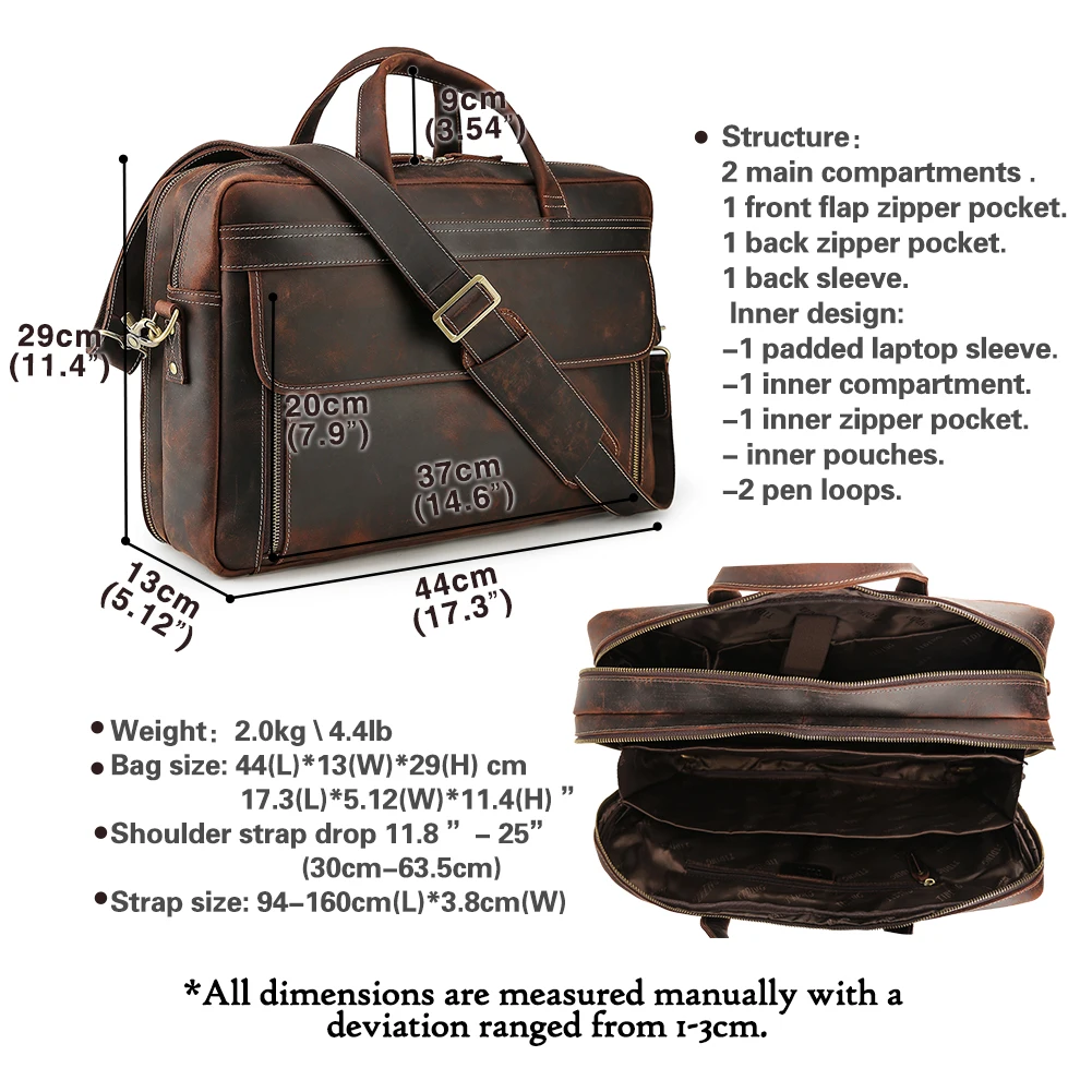 Vintage Men Crazy Horse Leather Bags Briefcase Men Large Big Capacity 17 Inches Genuine Leather Laptop Bag Briefcase