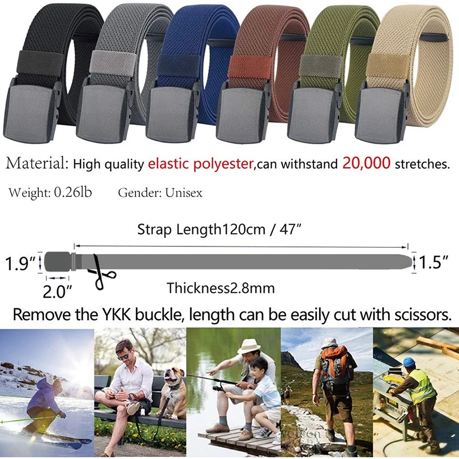 Elastic Belts Stretch Canvas No Metal Plastic Buckle Work Travel Sports Trim Fit Waist Tactical Belt