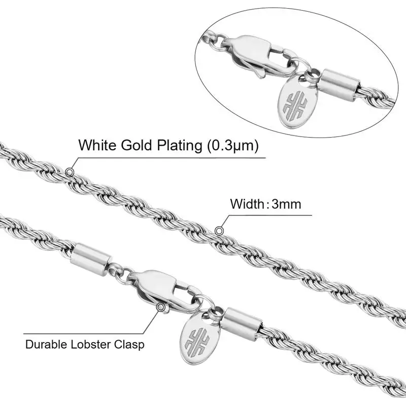 KRKC&CO ヒップホップジュエリー 3MM 22インチ ホワイトゴールド