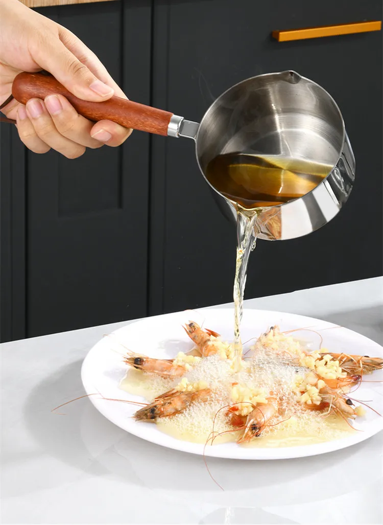 Multifunctional Stainless Steel Preservation Pouring Hot Oil Milk Coffee Wooden Handle Snow Pot 0