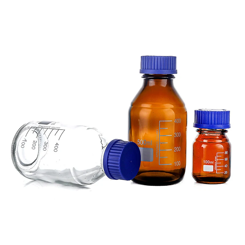 Lab Chemical Glassware Graduated Clear Brown Amber Glass Reagent Duran Bottle with Blue Screw Lid Cap