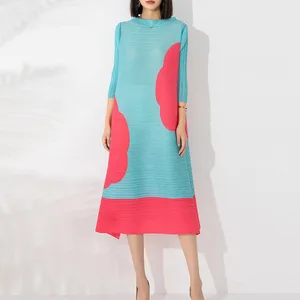 Miyake Women's High Collar Dress 2025 Summer Casual Style Plus Size Loose Stretch Printed Pleated Dress From Factory Outlet