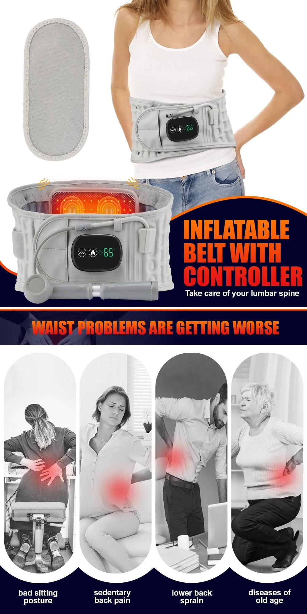 Hot Electric Vibrating Massage Belt Inflatable Lumbar Waist Heating
